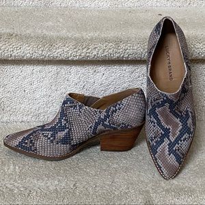 LUCKY BRAND “LP-TRESEE” LEATHER/ SNAKESKIN ANKLE BOOTIE /MULTI/ 10M/ EUC